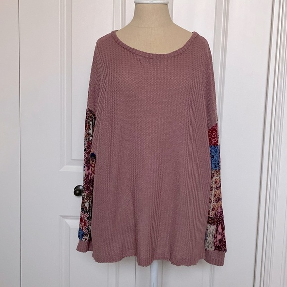 Umgee waffle knit patchwork sleeves top blouse Womens L Oversized cozy Bohemian - Picture 2 of 12